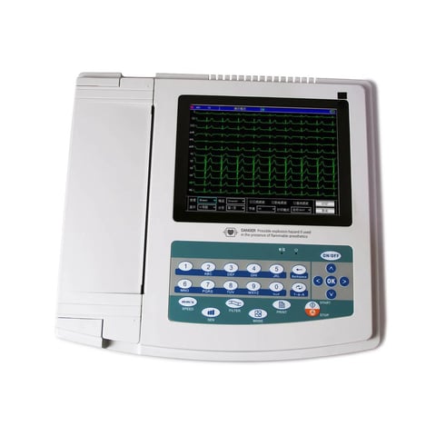Medical electrocardiogram machine with black display screen showing green waveforms and teal control panel with numbered buttons