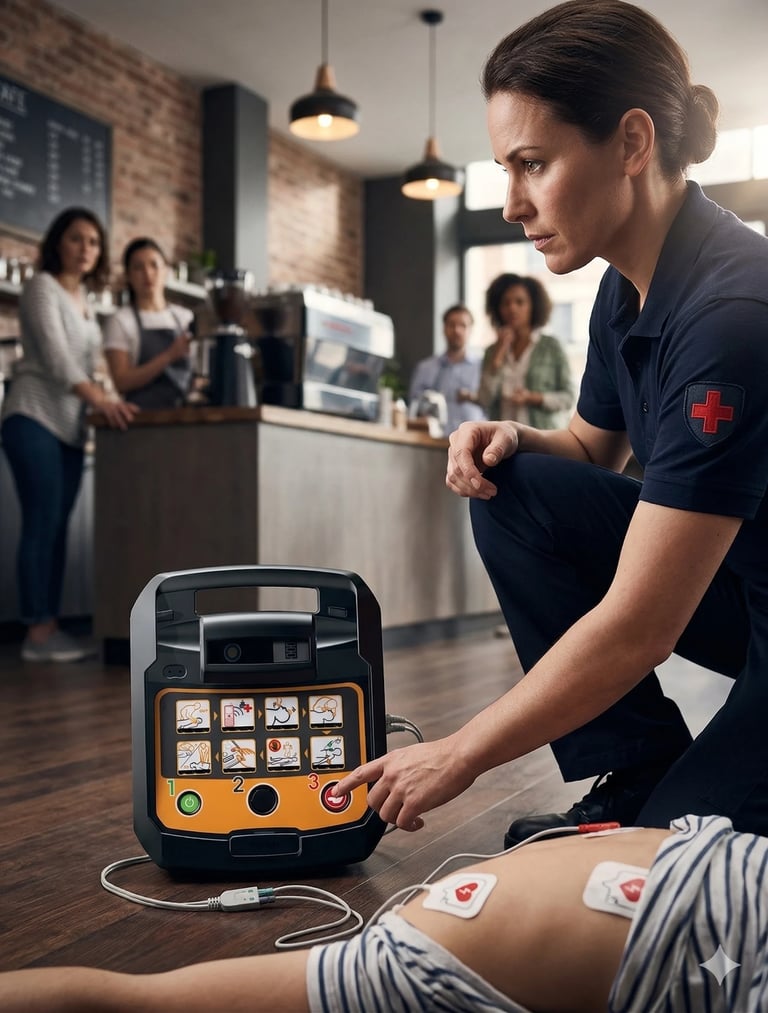 Healthcare worker using an automated external defibrillator on a patient in a modern clinic with staff in background