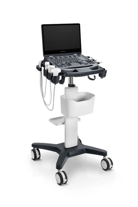 Portable ultrasound machine on wheeled cart with laptop display and control keyboard mounted on adjustable arm