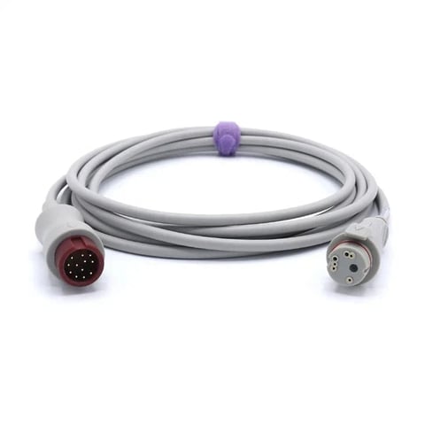 Coiled gray medical cable with red and silver connectors and purple identifier clip