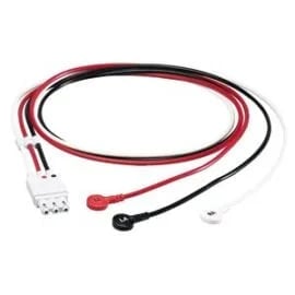 Red and black electrical cables with white connector and crimped terminals coiled together