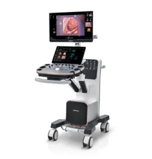 Medical ultrasound machine on wheeled cart with monitor displaying internal imaging and control panel