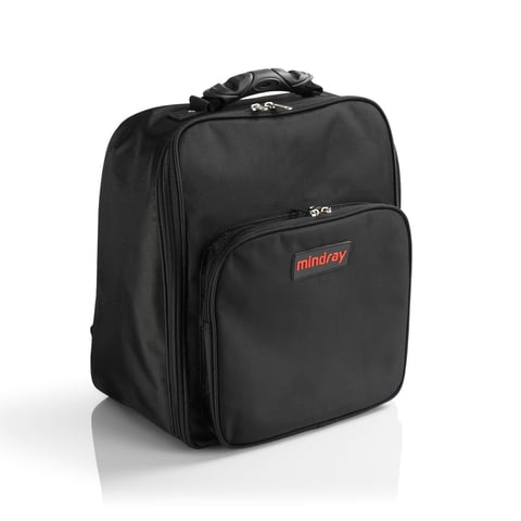 Black Mindray backpack-style equipment case with multiple compartments and carrying handles