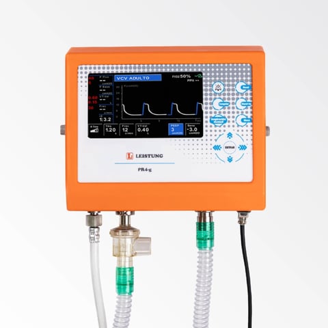 Orange digital monitoring device with display screen showing waveforms and three tubes attached, labeled Leantung