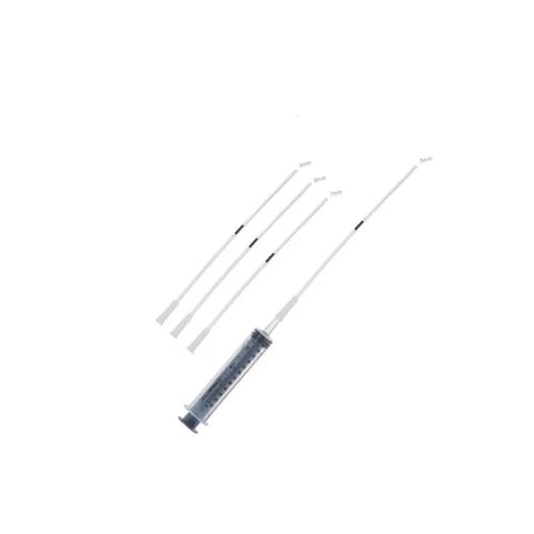 Medical syringe with multiple replacement needles displayed in a fanned arrangement