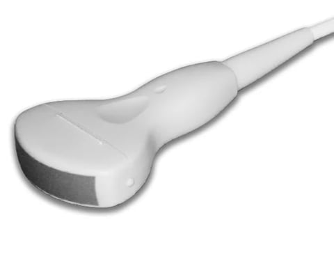 Medical ultrasound probe with white ergonomic handle and gray sensor head against white background