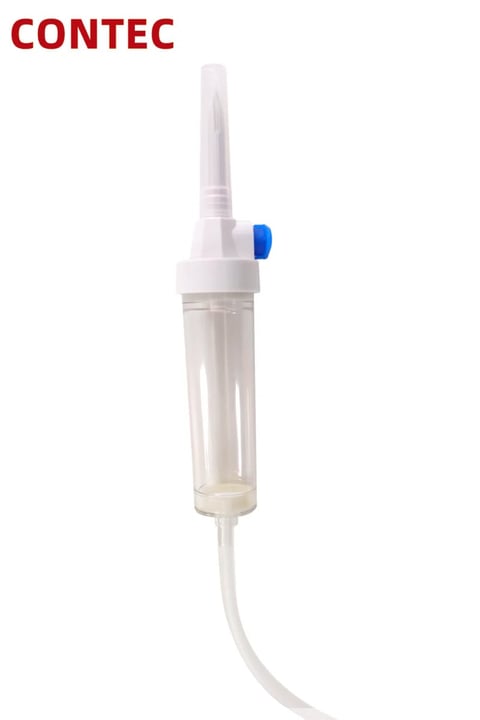 CONTEC medical syringe with white barrel, blue adjustment knob, and attached tubing for injection or fluid delivery