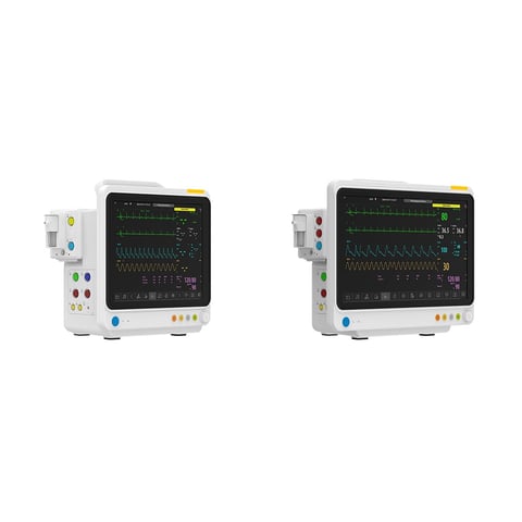 Two medical patient monitors displaying waveforms and vital signs on black screens with side-mounted control panels