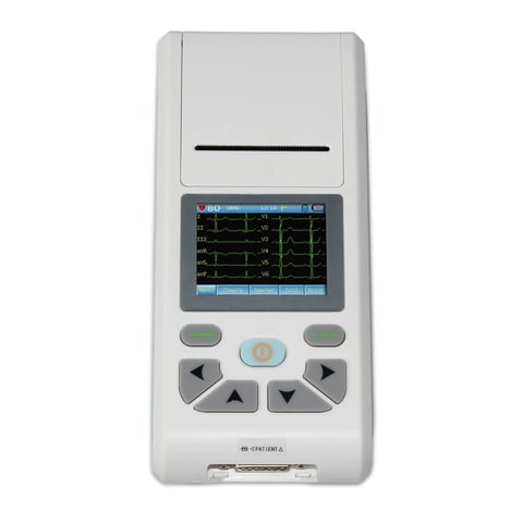 Portable ECG machine with small color display showing heart rhythm waveforms and directional control buttons