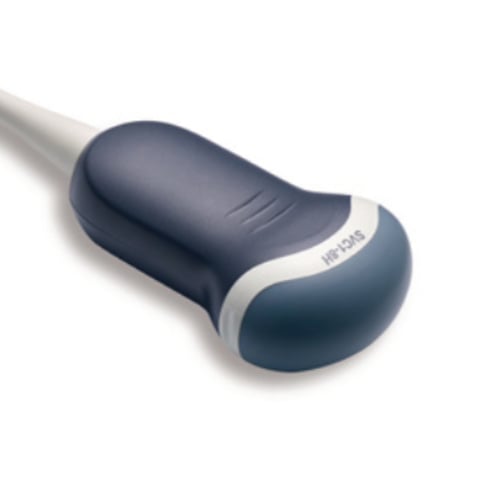 Handheld ultrasound probe with dark blue and white grip, connected to gray cable