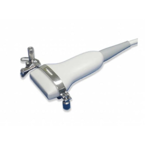 Medical pipette controller with white grip and gray tapered tip, featuring metal adjustable valve mechanism and blue release button