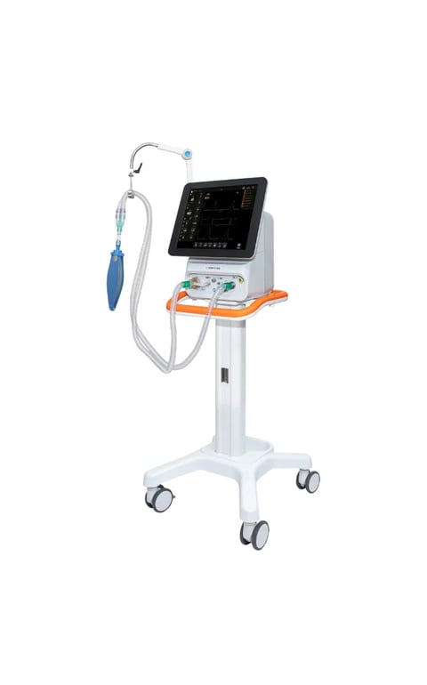 Medical ventilator on mobile stand with monitor display and patient tubing attached