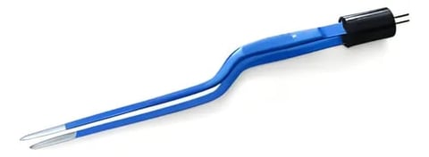 Blue curved soldering iron or heat tool with black handle and pointed metal tip