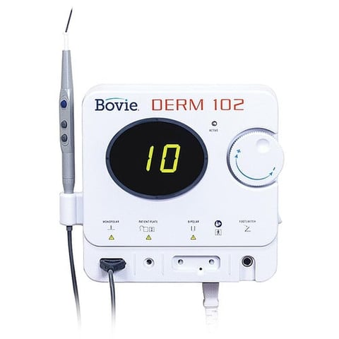 Bovie DERM 102 electrosurgical unit with digital display showing 10, control dial, and attached handheld probe