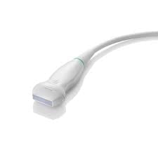 White ultrasound probe with curved cable on white background