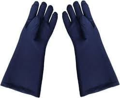 Pair of long navy blue gloves displayed against a white background