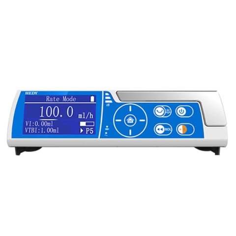 Medical infusion pump with blue display showing 100.0 ml/h rate and control buttons