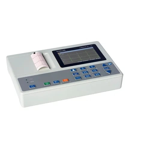 Medical electrocardiogram machine with digital display screen, paper feed tray, and blue control buttons