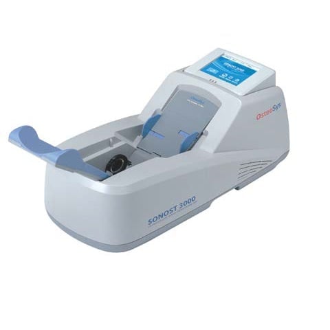 SONOST 3000 medical ultrasound device with blue control panel and probe holder on white background