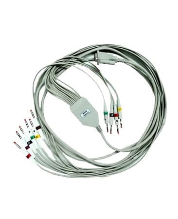Medical ECG cable with lead wires and connectors coiled on white background