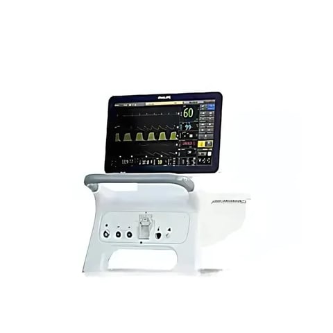 Portable ultrasound machine with tablet display mounted on white base station with control panel