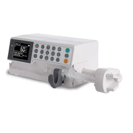 White medical infusion pump with digital display, keypad controls, and attached tubing set against white background