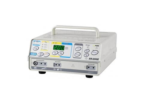 Medical electrosurgical unit with digital display, control buttons, and front panel ports on white background