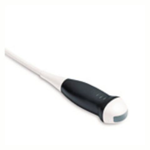 Ultrasound probe with black grip and white cable on gray background