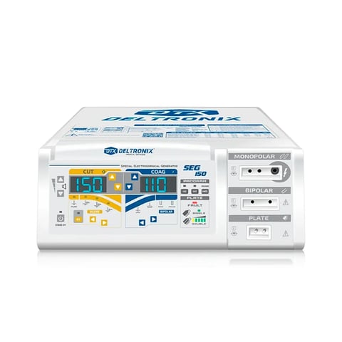 Deltronix electrosurgical unit with digital displays, CUT and COAG modes, and bipolar/monopolar settings on white background