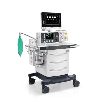 Medical anesthesia machine with monitor display, control panel, gas delivery system, and wheeled cart base