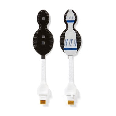 Two toothbrush replacement heads shown from front and back views with white handles and textured black and blue bristle design