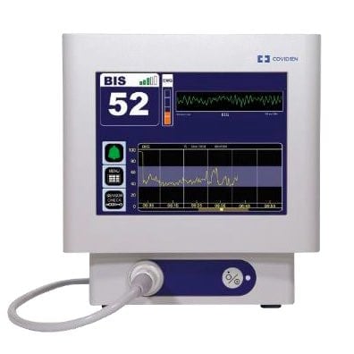 Medical ultrasound machine with display showing BIS 52 reading and waveform graphs on screen