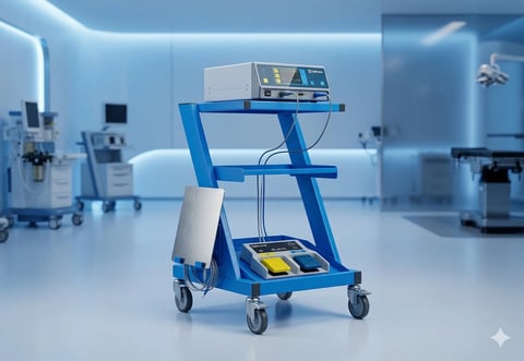 Blue medical equipment cart with two shelves holding hospital devices in a sterile clinical environment