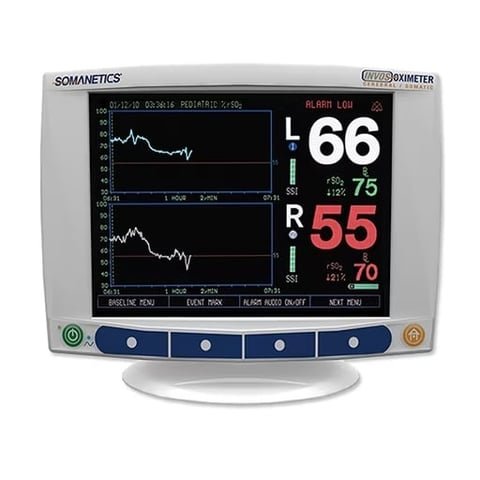 Somanetics INVOS Oximeter medical monitor displaying vital signs including oxygen saturation readings of 66 and 55 on screen