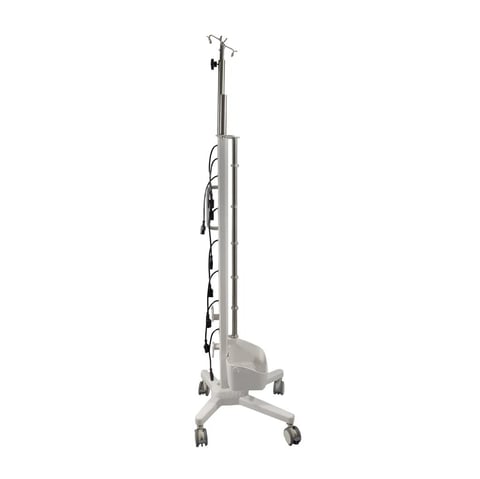 Medical IV stand with wheeled base, adjustable height pole, and mounted hook for hanging fluid bags