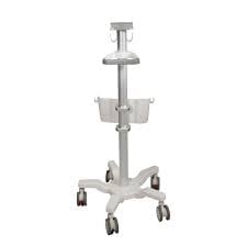 Medical monitor cart with adjustable arm and rolling wheels on white background