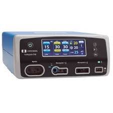 Medical electrosurgical unit with blue casing and digital display screen showing multiple settings and control buttons