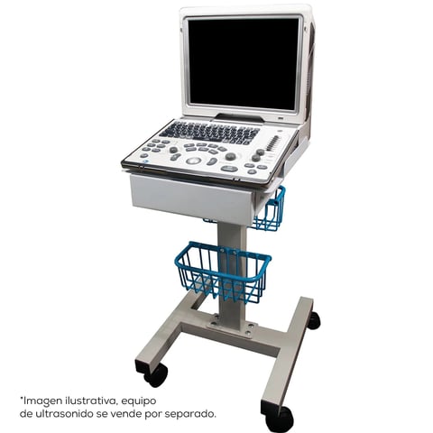 Portable ultrasound machine with tilted monitor on wheeled stand with storage baskets