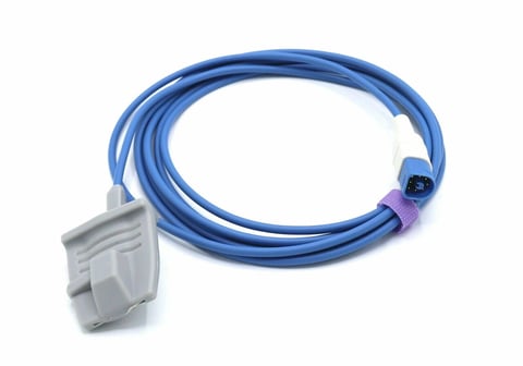 Blue medical cable with gray connector on left end and purple adapter on right end, coiled on white background