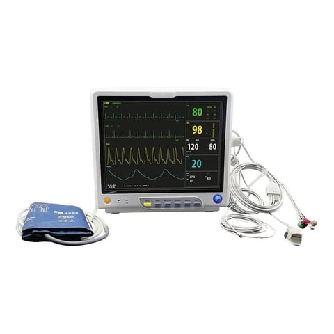 Patient monitor with vital signs display, blood pressure cuff, and sensor cables on white background