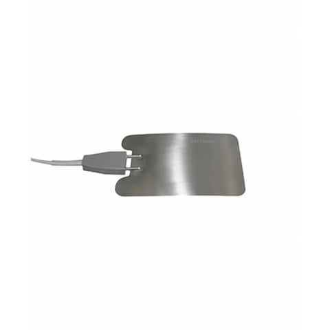 Gray metallic electrode pad with attached wire connector on white background