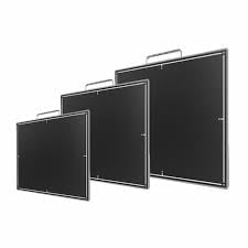 Three black flat-screen displays