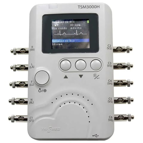 TSM3000H portable ECG monitor displaying waveforms on screen with control buttons and multiple connector ports on sides