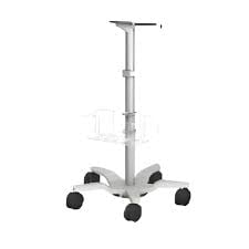 Adjustable medical stand with wheeled base and T-shaped arm mount for monitors or equipment