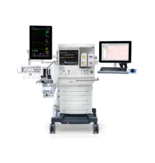 Medical anesthesia machine with monitors displaying vital signs and patient data on mobile cart