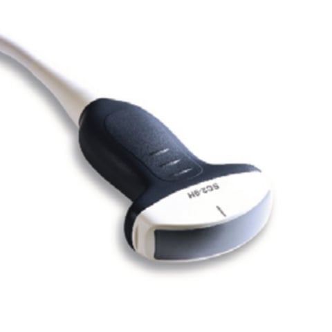Ultrasound probe with dark navy and white casing, connected to a gray cable