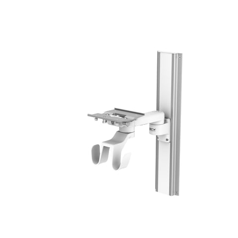 White medical equipment mount with extendable arm attached to vertical rail system