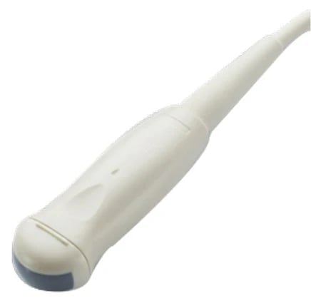 White medical ultrasound probe with tapered shaft and rounded scanning head on white background