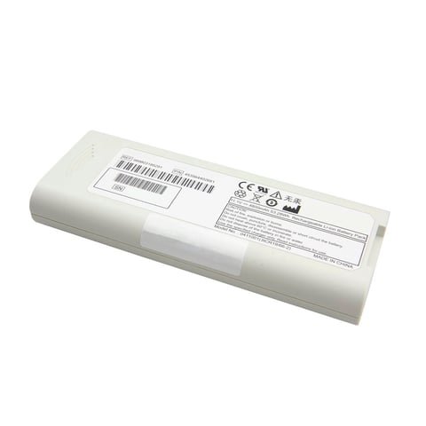 White rechargeable laptop battery with barcode and certification labels on back