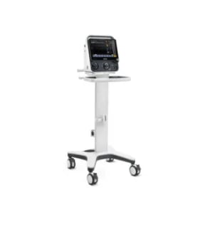 Medical vital signs monitor on white rolling stand with digital display screen
